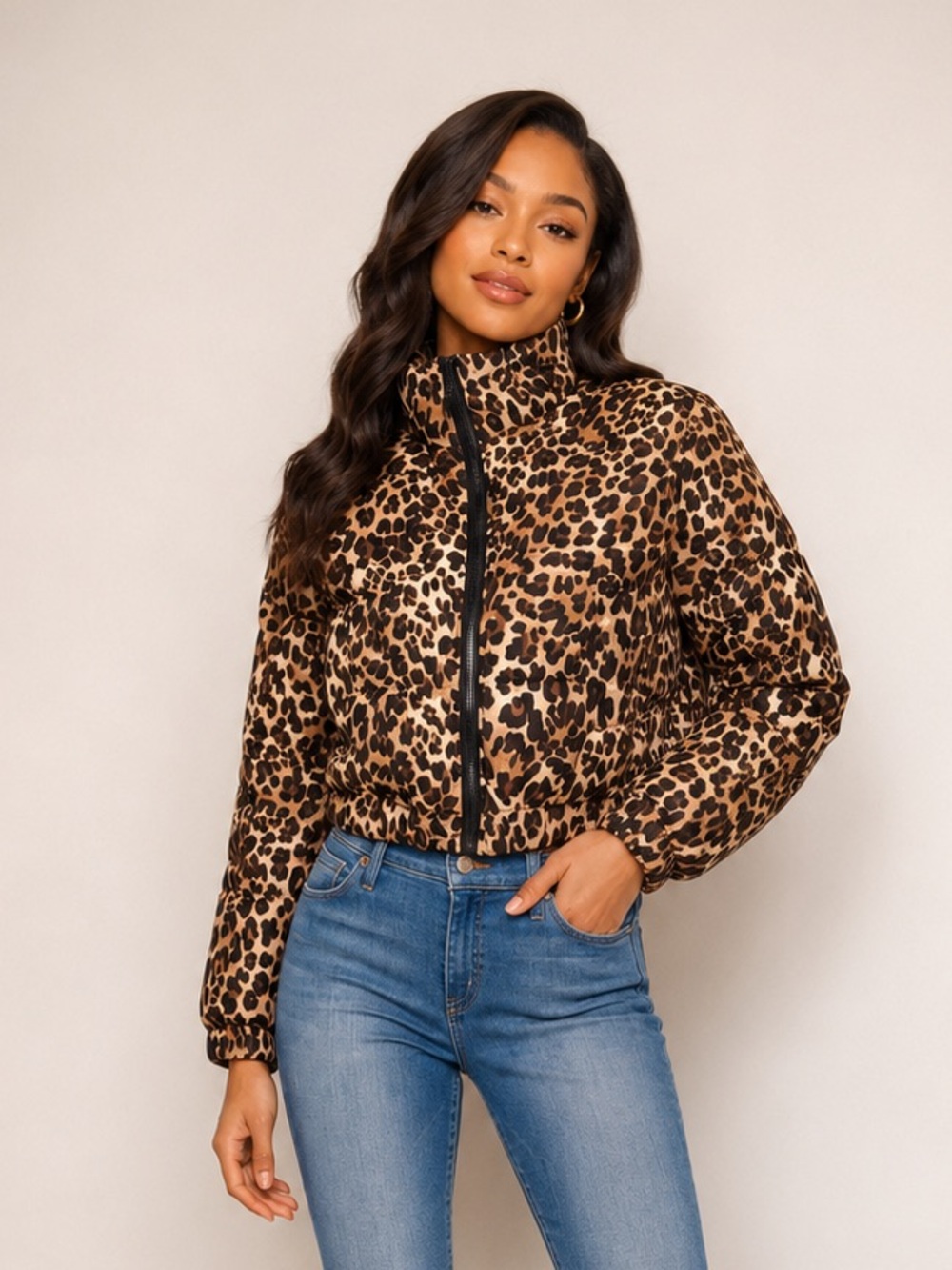 Love Tree Leopard Animal Print Puffer cropped Nylon Jacket Size S